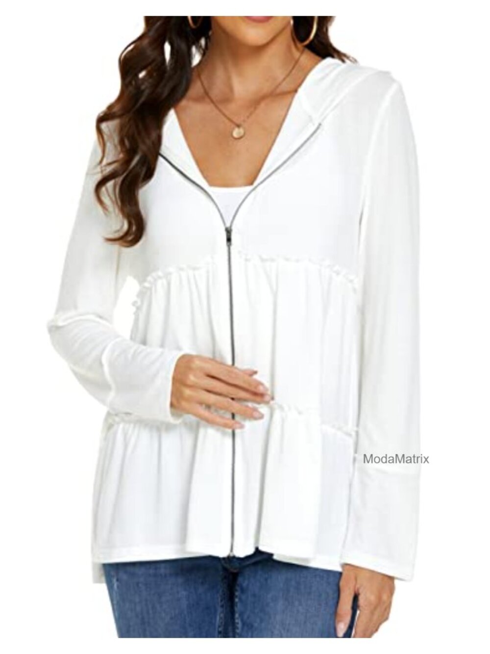 Women's Zip Up Hoodie Pleated Tiered Ruffle Long Sleeve Casual Jacket